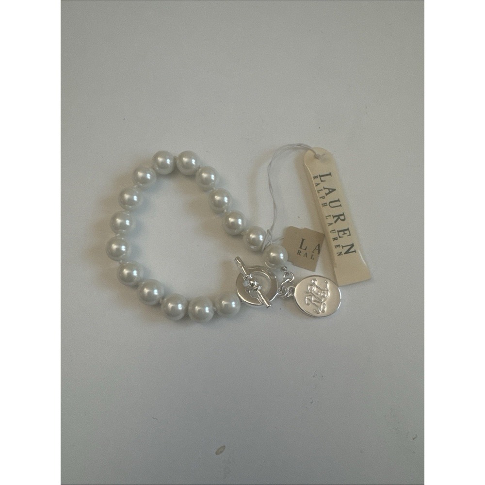Vintage Ralph Lauren Faux Pearl Bracelet Silver Plate Toggle Size 7 NWT